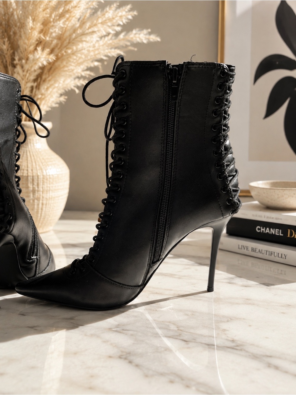 Steve Madden Black Lace-Up Pointed Stiletto Ankle Boots